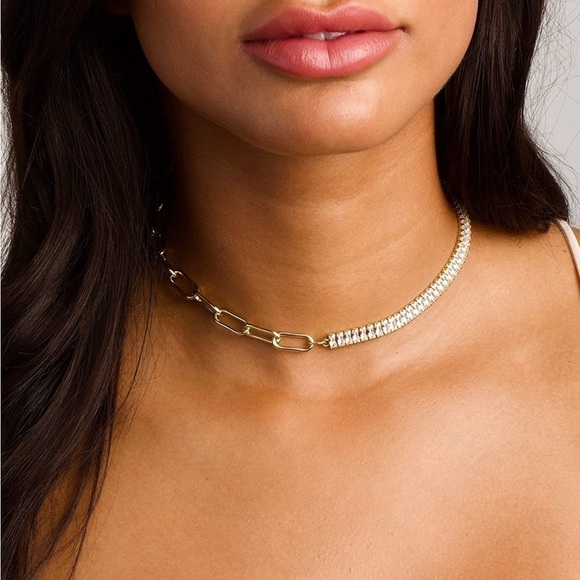 Gold 14k Gold Plated CZ Chain & Tennis Necklace - Picture 1 of 2